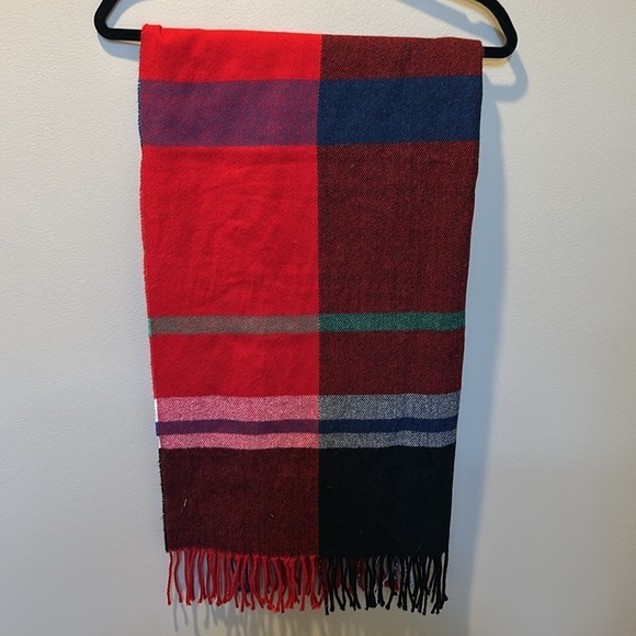 J Crew Tartan Plaid Scarf Wrap Red Black Blue Fringe - Picture 1 of 7